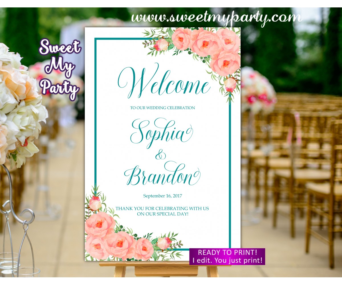 Coral turquoise Wedding Welcome Sign,Peach turquoise Wedding Welcome sign,(111w)